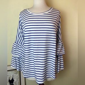 Umgee Top Women’s Size M Stripes White Royal Blue Raffle Sleeves